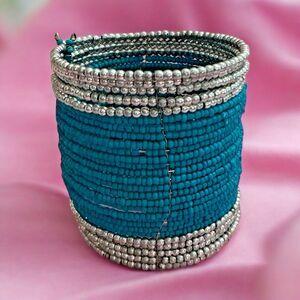 Wide Beaded Cuff Bracelet Turquoise Blue Silver Tone Statement